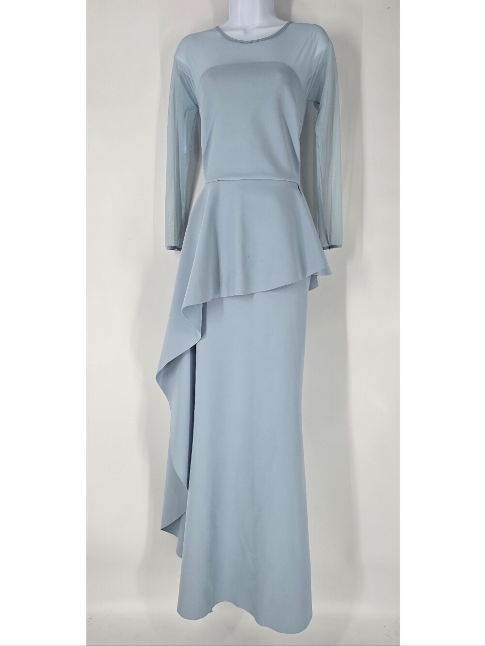 Chiara Boni Lashana Illusion Long Sleeve Peplum Gown Cloudy Blue Size 6 NEW